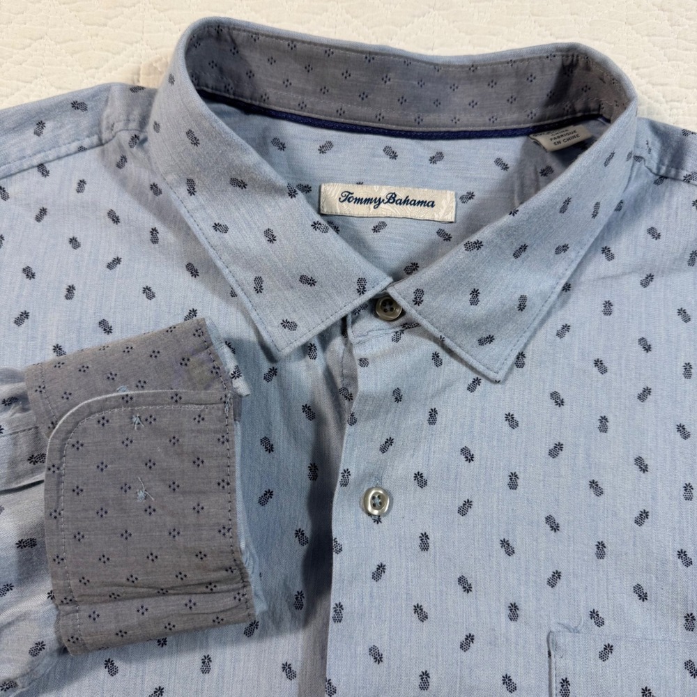 Tommy Bahama Mens Blue Pineapple Print Button Up Shirt 2XL Big Stretch Flip Cuff